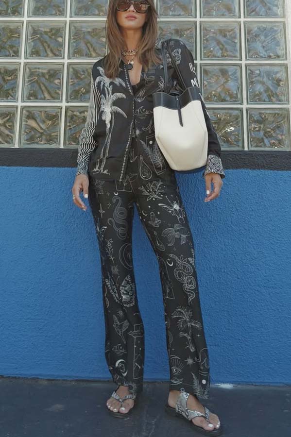 Black Magic Satin Unique Print Long Sleeve Blouse and Elastic Waist Pocket Wide Leg Pants Set-consonak