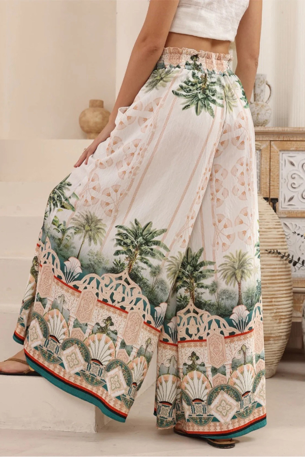 Unique Printed Casual Elastic Waist Pockets Loose Wide-leg Pants-consonak