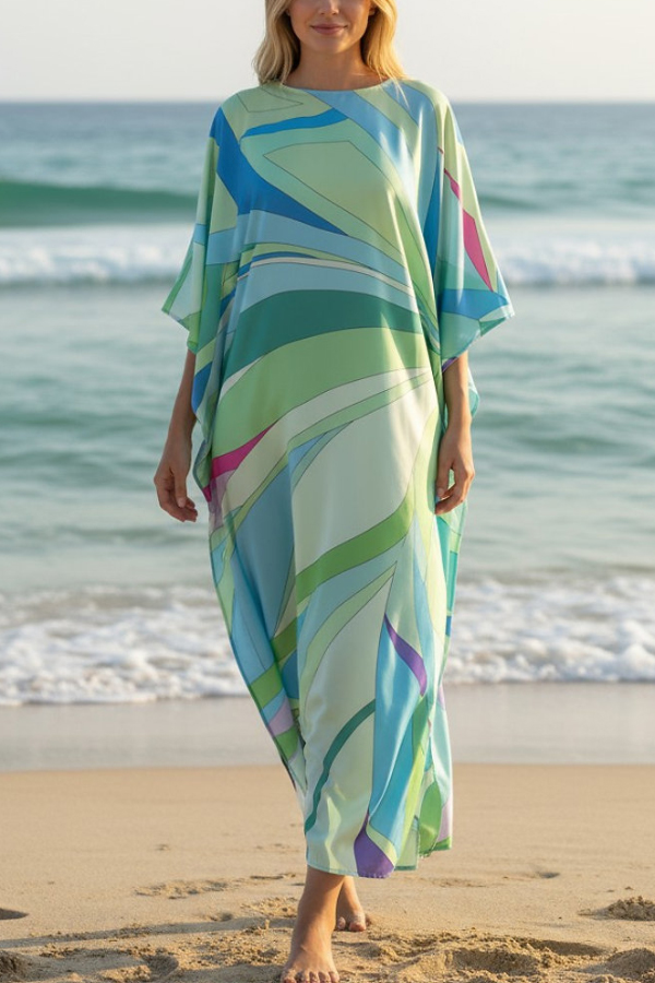 Unique Geometric Print Loose Round Neck Vacation Cover-up Maxi Dress