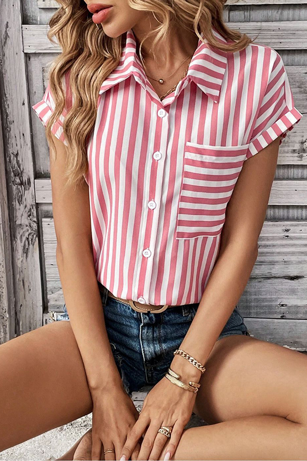 Striped Print Short Sleeve Pocket Shirt Top-consonak
