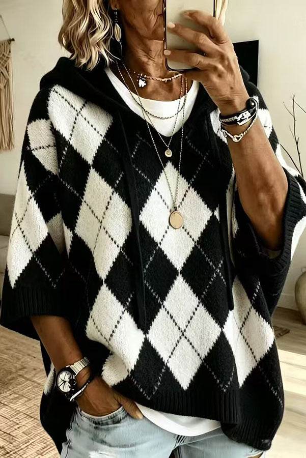 Comfortable and Casual Knit Color-blocked Plaid Print Half Sleeve Hoodie Sweater-Consonak