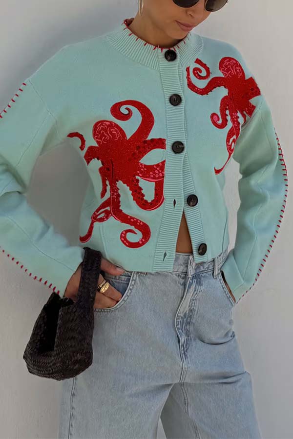 Coastal Fashion Knit Octopus Graphic Contrast Piping Button Up Loose Cardigan | Consonak