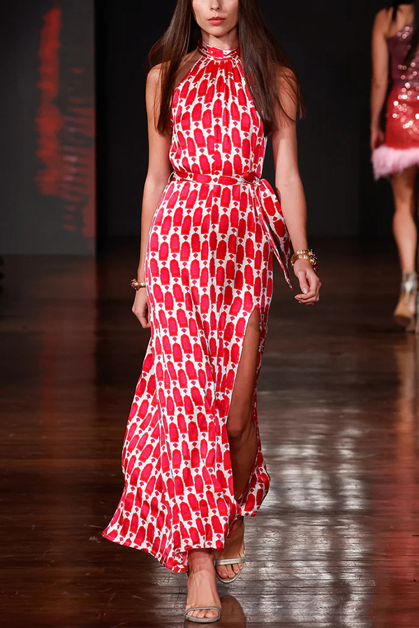 Unique Printed Sleeveless Halterneck Tie-waist Slit Maxi Dress-consonak