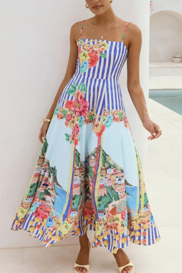 Unique Printed Spaghetti Strap Square Neck Casual Holiday Maxi Dress