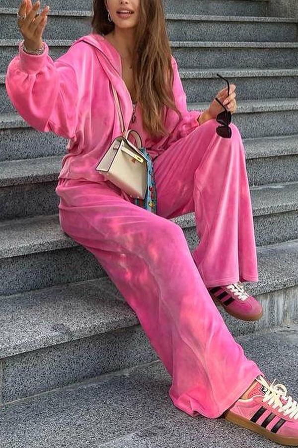 Velvet Casual Zip-up Hooded Top and Elastic Waist Wide Leg Pants Set-consonak