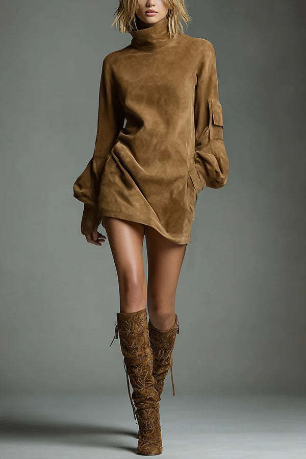 Stylish Suede High-Neck Long-Sleeved Casual Pocket Mini Dress-consonak