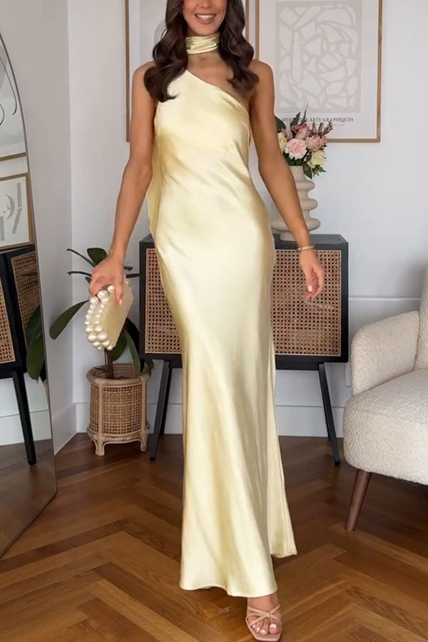 Milk white sexy party dress elegant satin one shoulder scarf long skirt | Consonak
