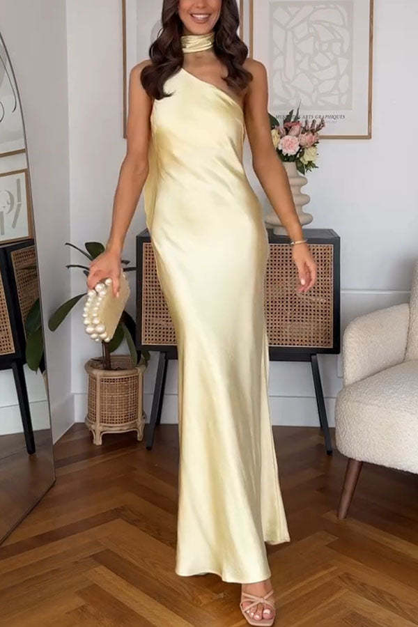 Milk white sexy party dress elegant satin one shoulder scarf long skirt-consonak