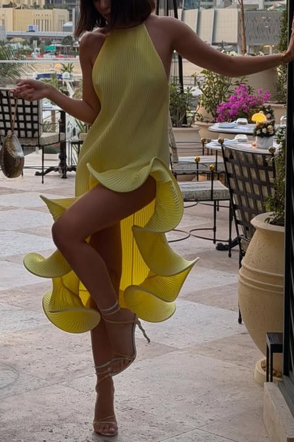 Butter Summer Pleated  Sleeveless Waist Tie Irregular Ruffle Dimensional Hem Midi Dress-consonak