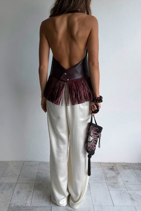 Stylish Halter Neck Sleeveless Leather Tassel Loose Top