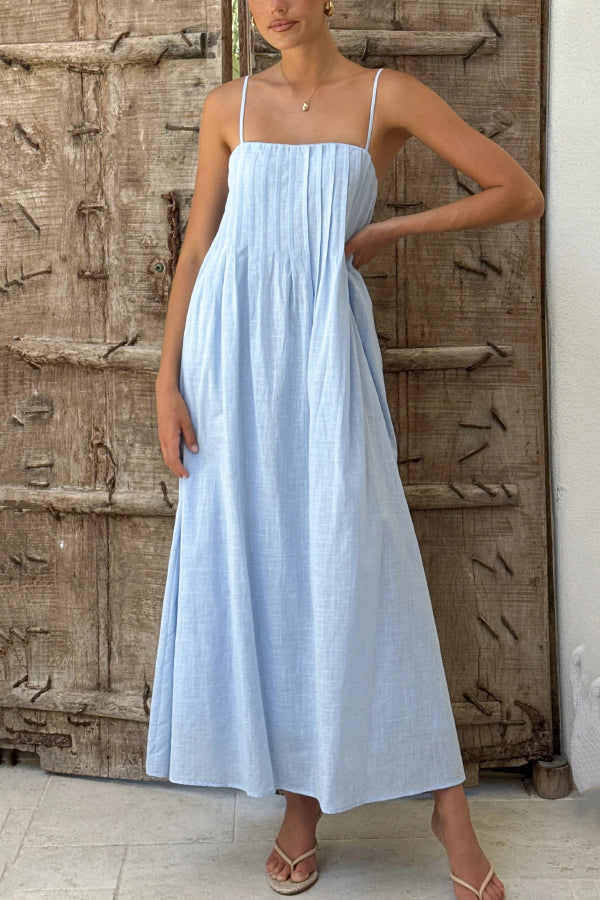 Solid Color Pleated Square Neck Suspender Casual Midi Dress