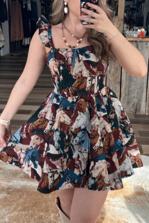 Fashionable Horse Print Square Neck Sleeveless Elegant Slim-fit Mini Dress | Consonak