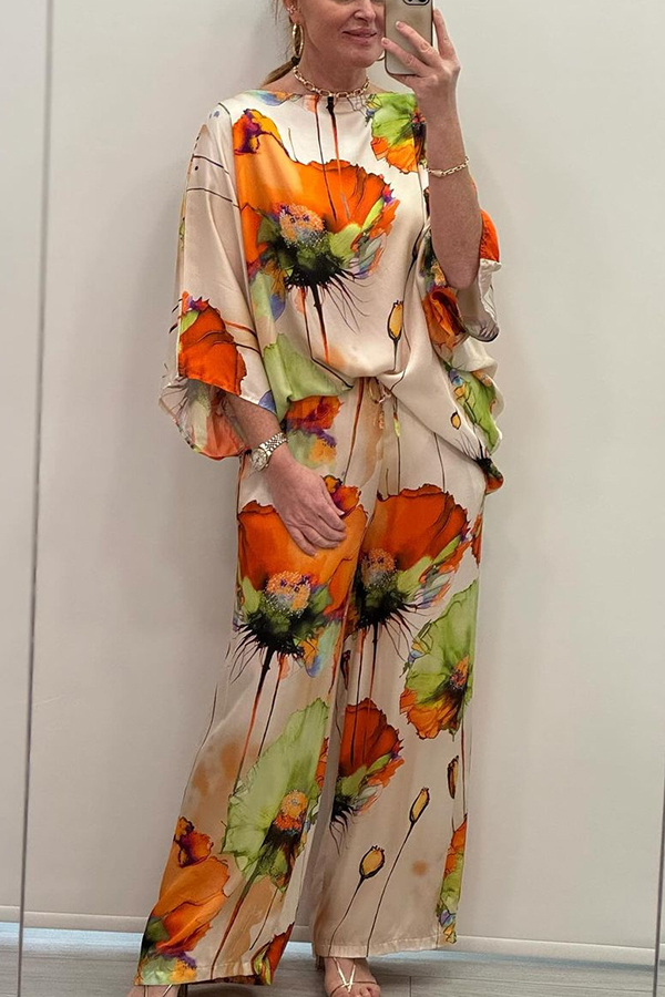 Satin Botanical Print Crew Neck Casual Top and Elastic Waist Loose Pocket Pants Set-consonak