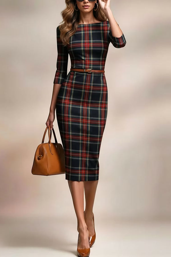 Plaid Print Half Sleeves Fitted Elegant Midi Dress-consonak