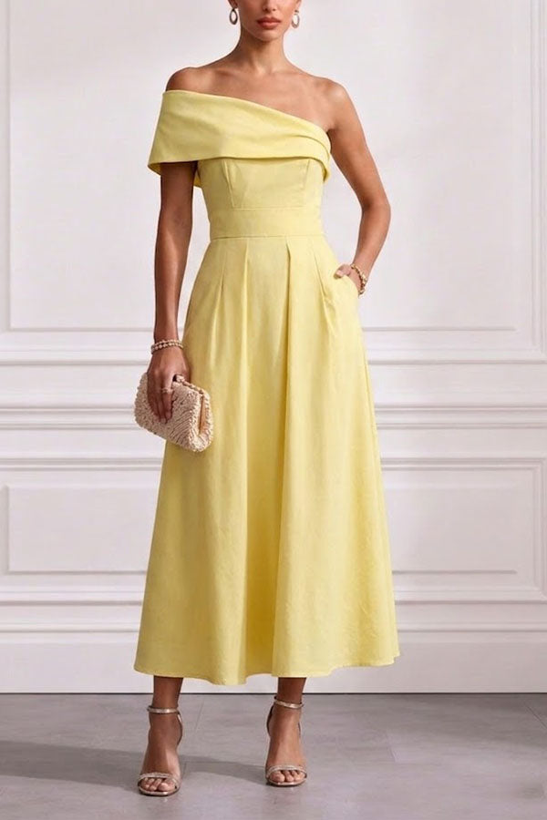 Chic One-Shoulder A-Line Midi Dress with Pockets-Consonak