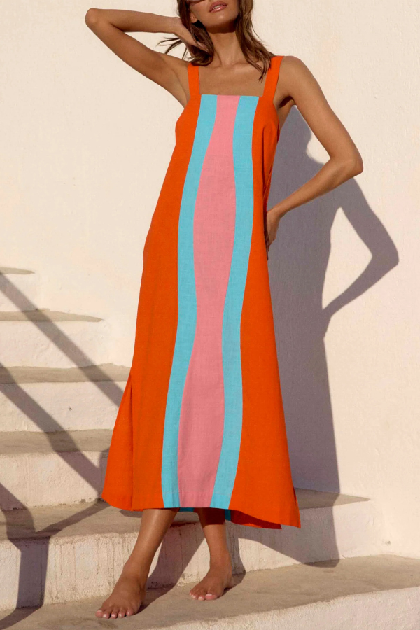 Fashionable Color-blocked Printed Square Neck Sleeveless Vacation-style Maxi Dress