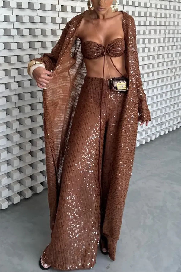 Seaside Whisper Sequin Open Front Long Sleeve Loose Cover-up