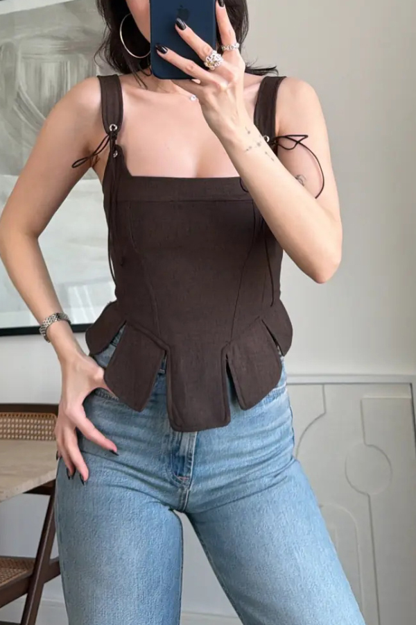 lily Linen Blend square neck Tie Shoulder Straps slit hem tank