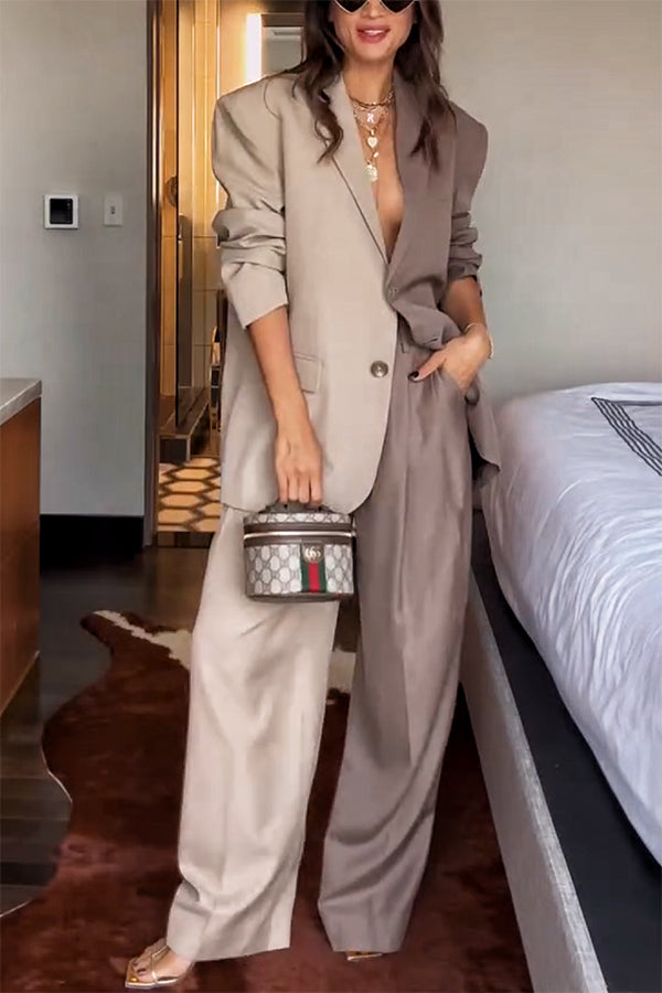 Girl Boss Avant-garde Contrast Colors Lapel Boyfriend Blazer and Pocketed Wide Leg Pants Set-Consonak
