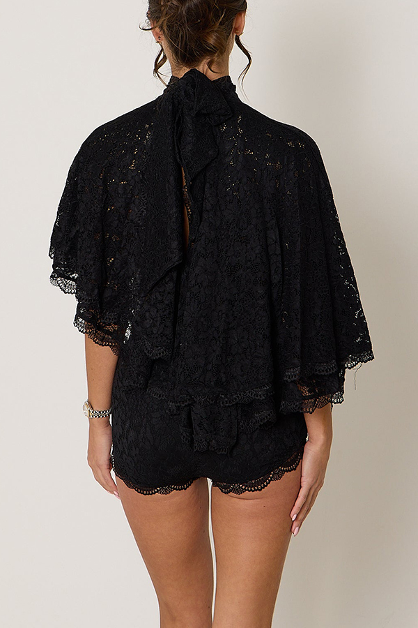 Carmen Lace Bow-tie Round Neckline Ruffle Cape Overlay Top