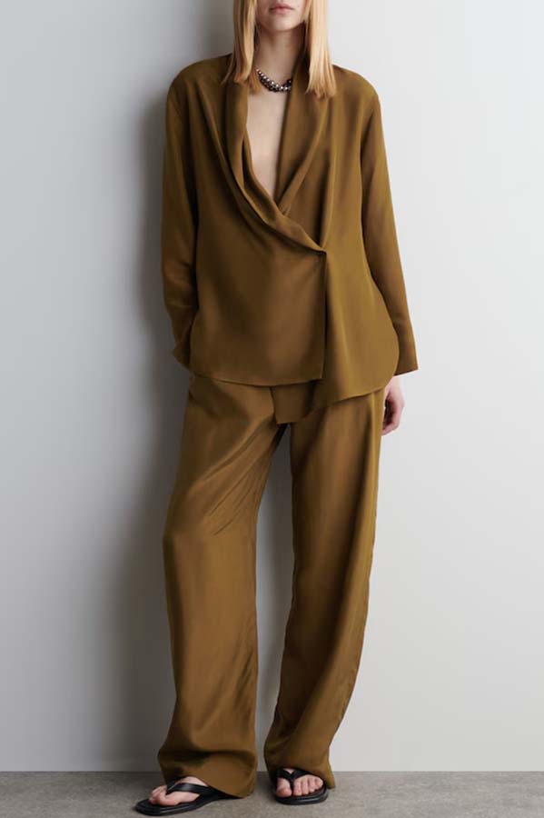 Bella Satin Drape Collar Single Button Casual Blazer and Elastic Waist Pocket Loose Pants Set-consonak