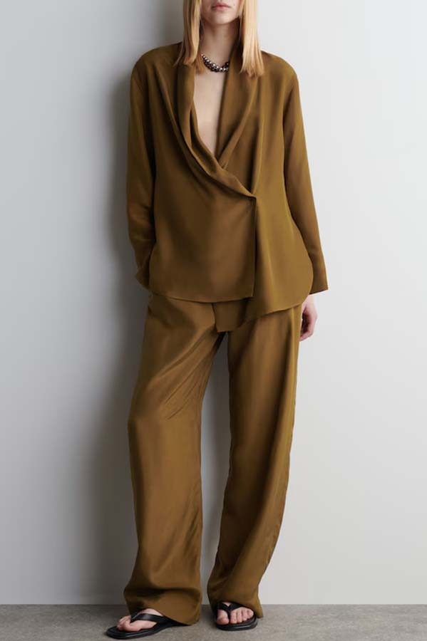 Bella Satin Drape Collar Single Button Casual Blazer and Elastic Waist Pocket Loose Pants Set-consonak