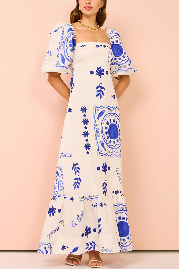 Sherbert Linen Blend Unique Print Square Neck Bubble Sleeve Maxi Dress | Consonak