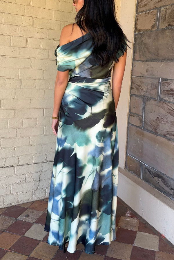 Unique Print Asymmetrical Off-Shoulder Pleated Waist Casual Maxi Dress