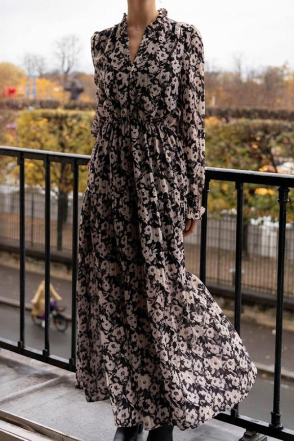 Floral Print V-neck Long-sleeved Fitted Waist Casual Maxi Dress