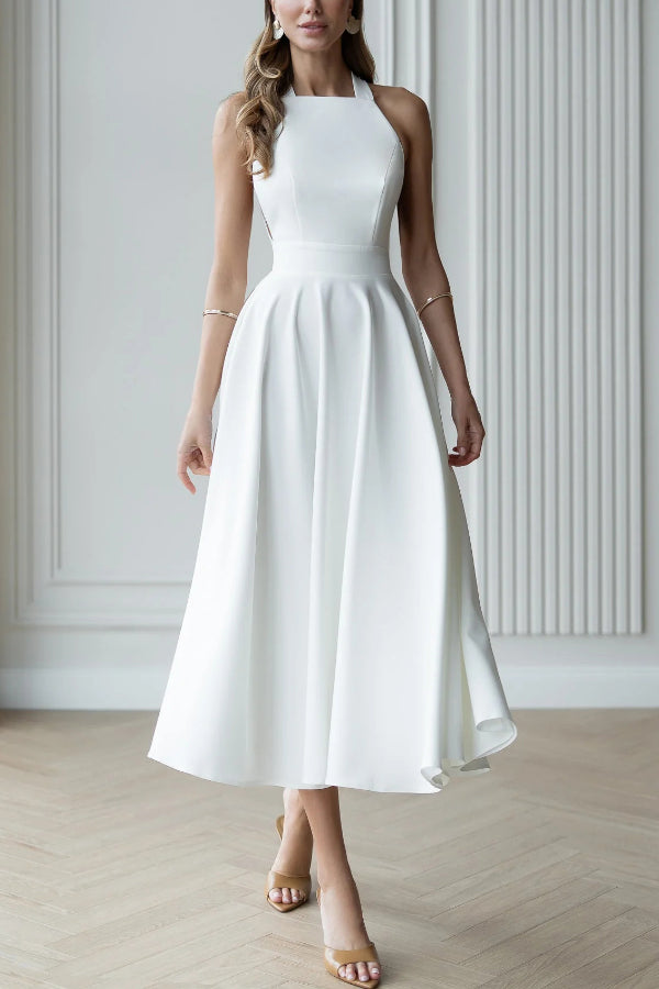 Solid Color Halter Neck Bow Tie Elegant Waist-cinching Midi Dress-consonak