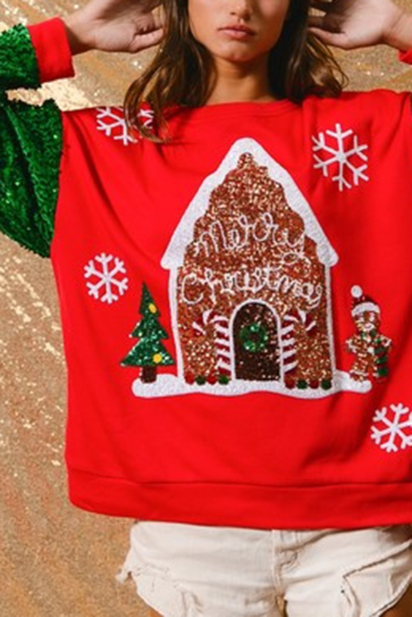 Christmas Casual Loose Round Neck Sequined Sleeve Sweatshirt | Consonak