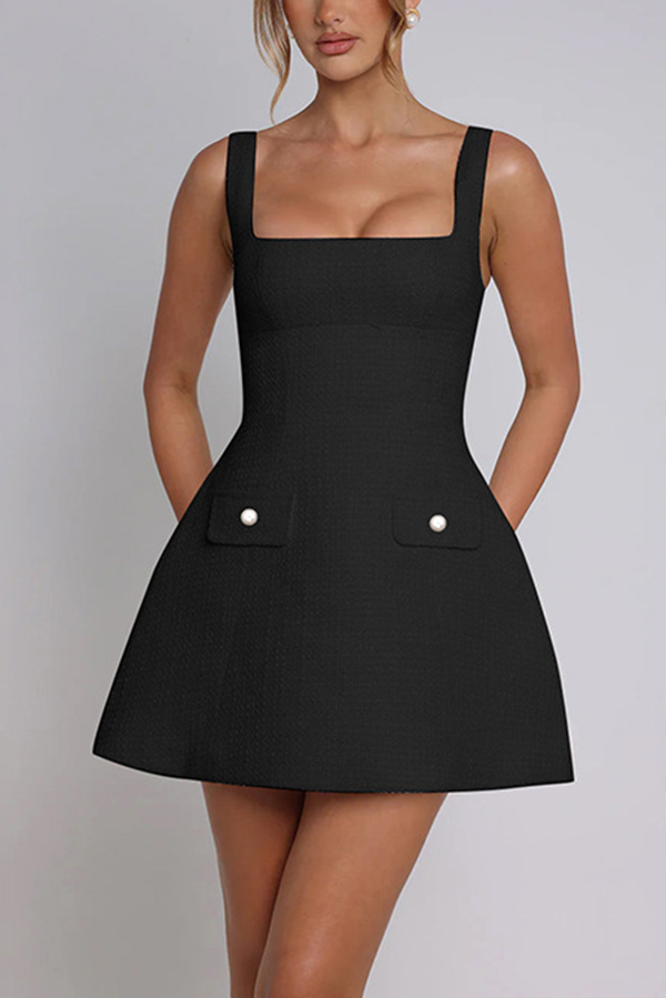 Elegant Tweed Square Neck Open Back Slim Pocket Mini Dress-consonak