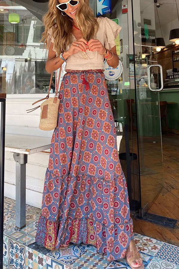 Audrina Bohemian Print Elastic Waist Tassel Maxi Skirt-consonak