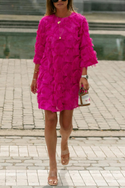 Solid Color Loose Round Neck Casual Tassel Mini Dress-consonak