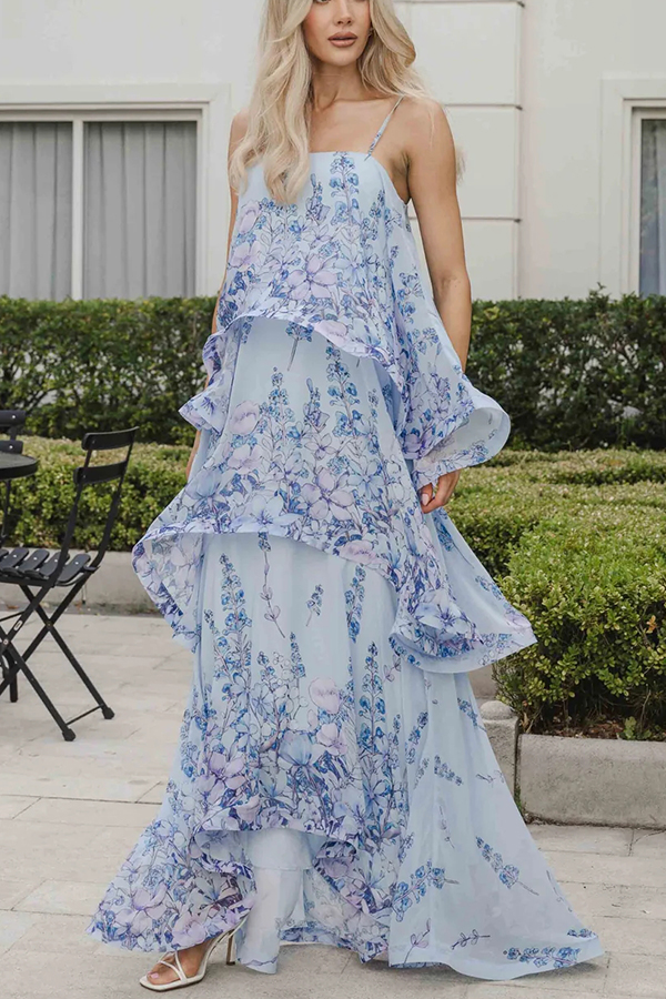 Armani Georgette Fabric Floral Print Tiered Slip Square Neck A-line Maxi Dress