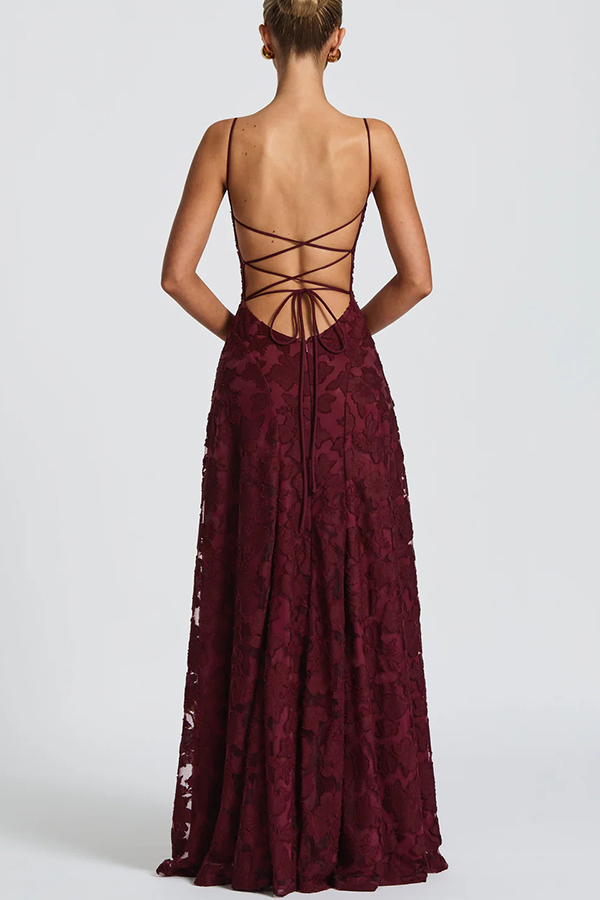 Francis Custom Floral Burnout Fabric Cowl Neck Back Lace-up Maxi Dress-consonak