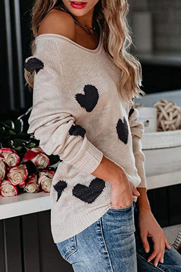 Stylish Color-blocked Heart-patterned Long-sleeved Loose Knit Sweater-consonak