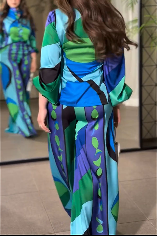 Ellie Satin Unique Print Balloon Sleeve High Low Shirt and Elastic Waist Pocket Loose Pants Set-Consonak