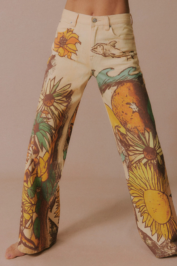 We The Free Denim Playful Doodle Printed Mid Rise Pocket Wide Leg Jeans | Consonak