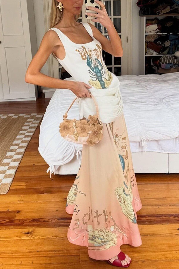 Jino Unique Lobster Print Square Neck Ruched Drape Hip Maxi Dress