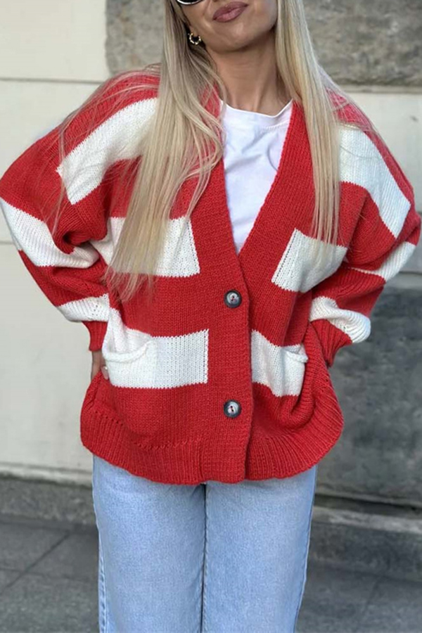 Casual V-neck Long-sleeved Striped Pocket Knitted Cardigan-consonak