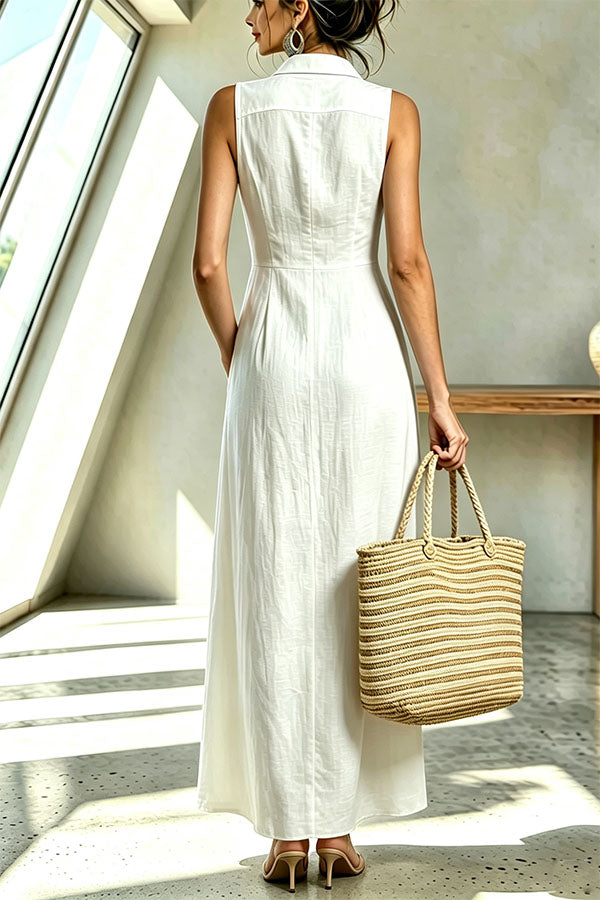 Casual and Stylish Solid Color Button Sleeveless Pocket Shirt Midi Dress-Consonak