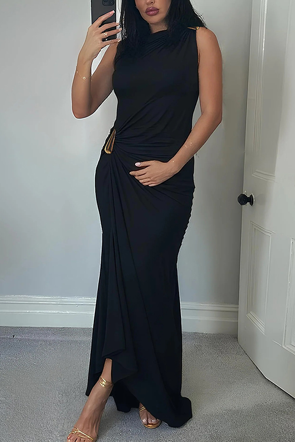 Fashionable Metallic Embellishments Pleated Sleeveless Slim-fit Maxi Dress-consonak