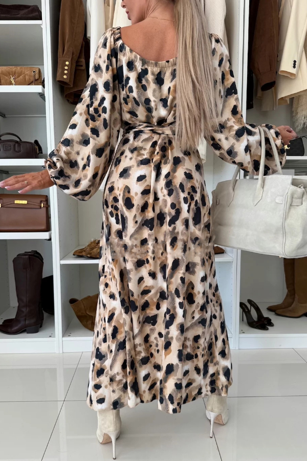 Unique Printed V-neck Long-sleeved Waist Tie Slit Maxi Dress-consonak