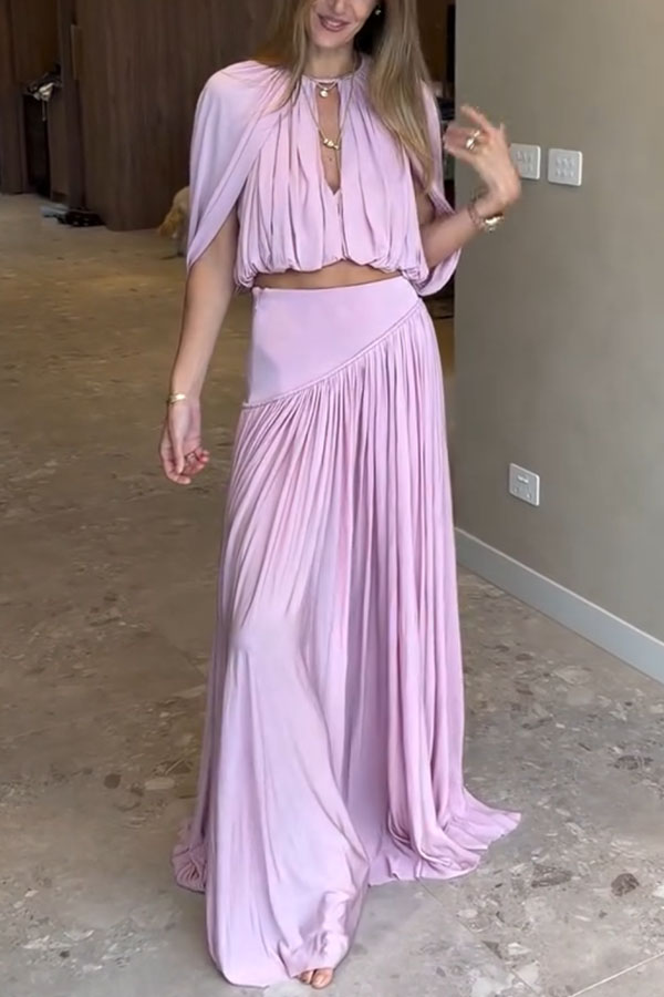 Venus Cutout Neck Slit Sleeve Crop Ruched Top and High Rise Pleated Maxi Skirt Set-consonak