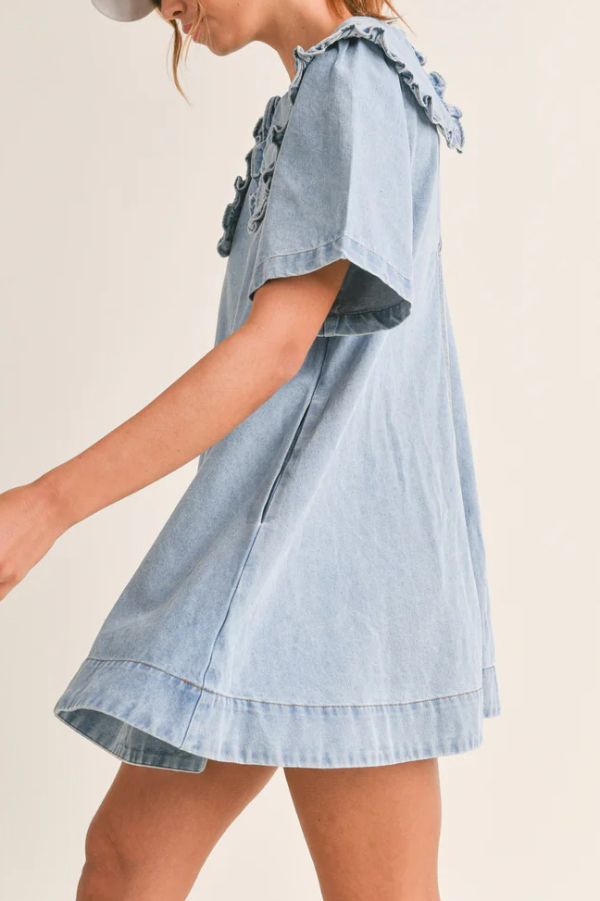 Solid Color Loose Short-sleeved Casual Ruffled Denim Mini Dress | Consonak