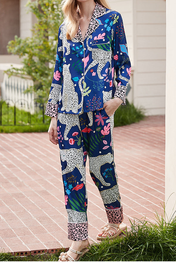 Blue Snow Leopard Printed Home Long Sleeve Two Piece Set | Consonak