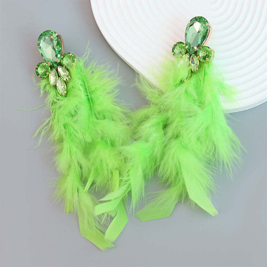 Alloy Inlaid Floral Tassel Bohemian Long Feather Earrings-consonak