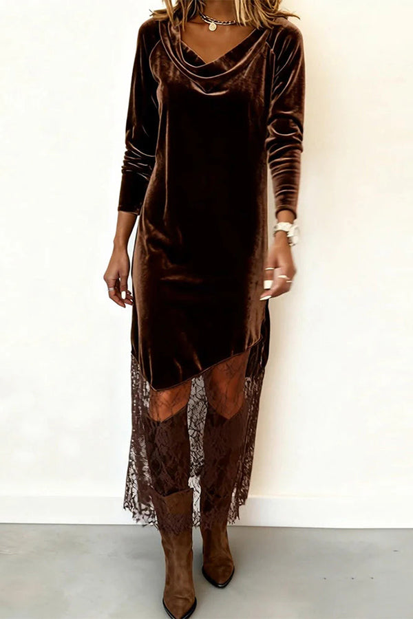 Stylish Velvet and Lace Patchwork Long-sleeved Elegant Maxi Dress-consonak