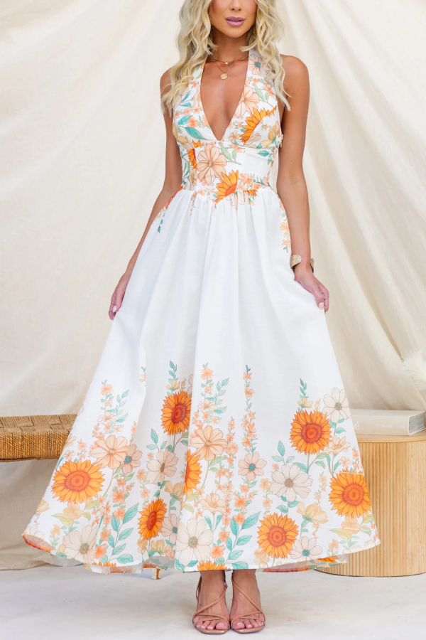 Sunflower Print V-neck Fitted Waist Elegant Maxi Dress